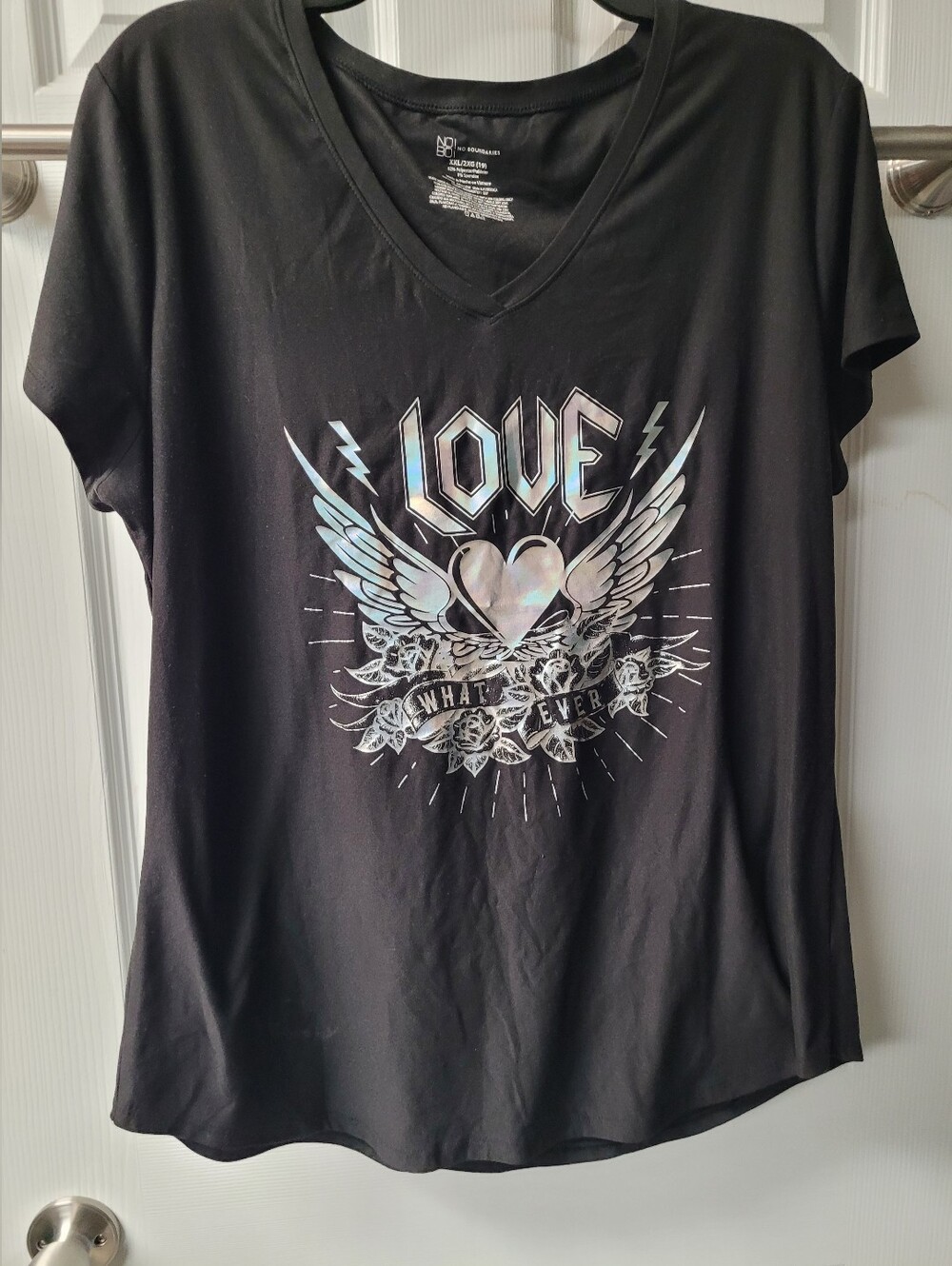 No Boundaries Black V-Neck Tee with Iridescent Winged Heart Graphic